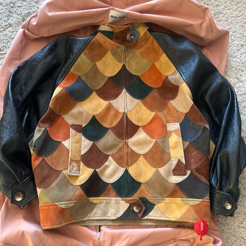 Miu Miu PRADA Women's Blouson Camoscio Patch Leather Suede Jacket Sz 40 NWT